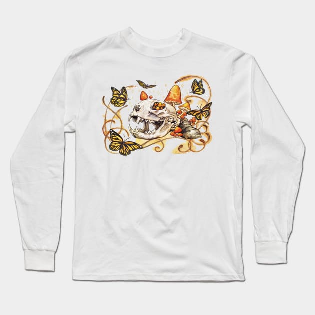 Cat Skull and Butterflies Long Sleeve T-Shirt by GnarlyBones